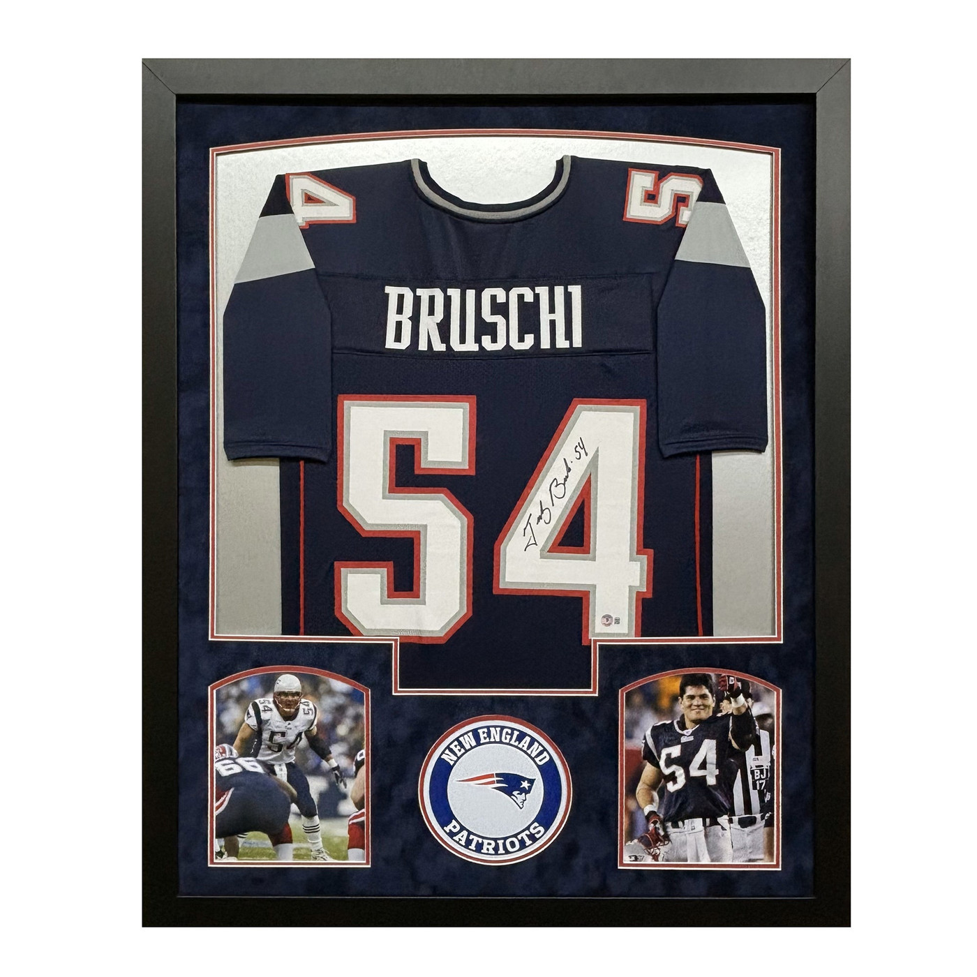 Tedy Bruschi Signed New England Blue Custom Suede Matte Framed Football Jersey (JSA)