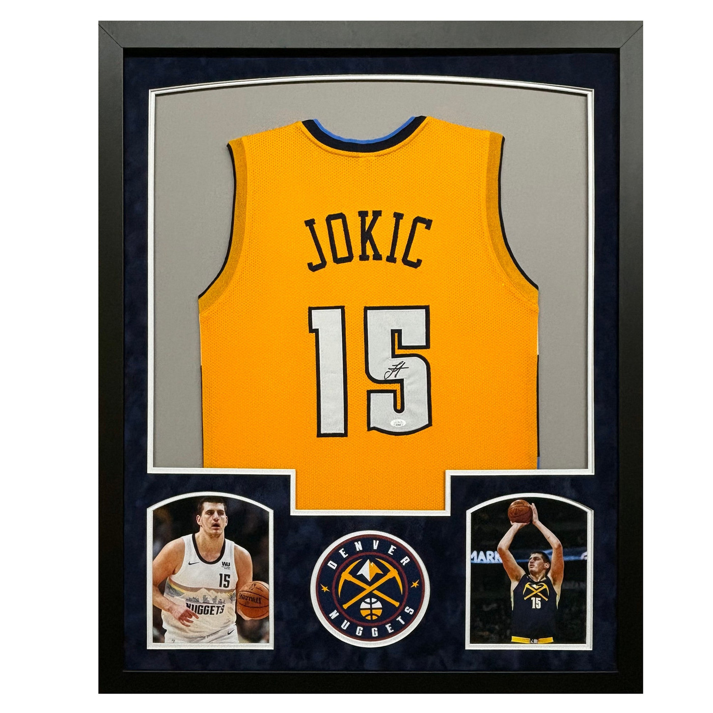 Nikola Jokic Signed Denver Yellow Custom Suede Matte Framed