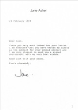Jane Asher Hand-Signed 1988 Personal Correspondence Letter