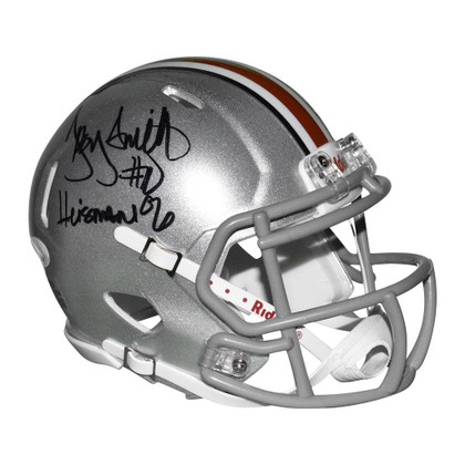 Troy Smith Signed 06 Heisman Inscription Ohio State Buckeyes Speed Mini Replica Silver Football Helmet (JSA)