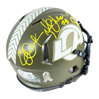 Marshall Faulk, Jerome Bettis & Eric Dickerson Signed HOF 99 Inscription Los Angeles Rams Salute to Service Mini Football Helmet (Beckett)