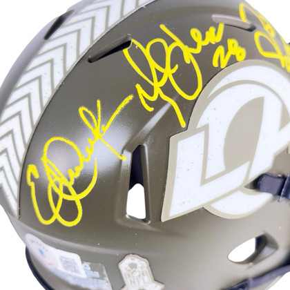Marshall Faulk, Jerome Bettis & Eric Dickerson Signed HOF 99 Inscription Los Angeles Rams Salute to Service Mini Football Helmet (Beckett)