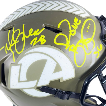 Marshall Faulk, Jerome Bettis & Eric Dickerson Signed HOF 99 Inscription Los Angeles Rams Salute to Service Mini Football Helmet (Beckett)