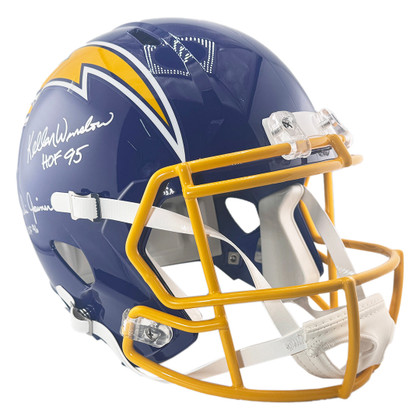 Kellen Winslow and Charlie Joiner Signed HOF 95, HOF 96 Inscription Los Angeles Chargers Throwback 74-87 Speed Full-Size Replica Football Helmet (Beckett)
