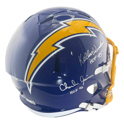 Kellen Winslow and Charlie Joiner Signed HOF 95, HOF 96 Inscription Los Angeles Chargers Throwback 74-87 Speed Full-Size Replica Football Helmet (Beckett)
