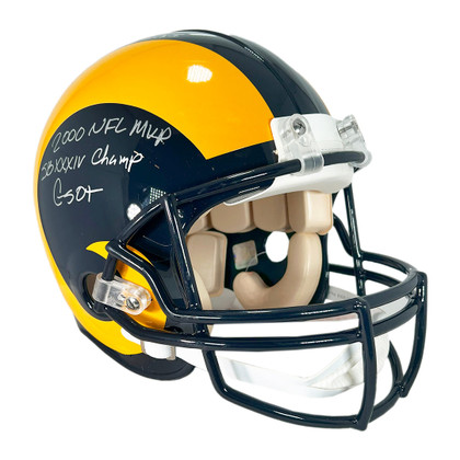 Marshall Faulk Signed Multi-Inscription St. Louis Rams Throwback 81-99 Authentic Full-Size Football Helmet Silver Ink (JSA)