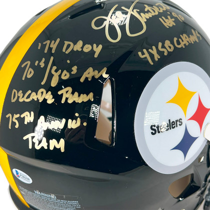 Jack Lambert Signed HOF 90 - Stats Inscriptions Pittsburgh Steelers Authentic Speed Full-Size Football Helmet (Beckett)