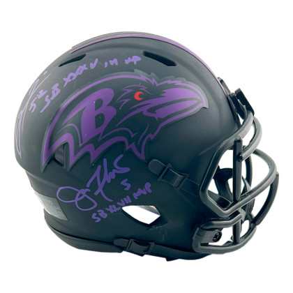 Ray Lewis and Joe Flacco Signed SB MVP Inscription Baltimore Ravens Eclipse Mini Football Helmet (Beckett)