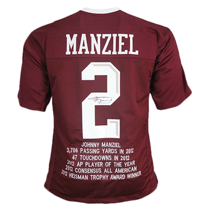 Johnny Manziel Maroon Autographed College Stats Football Jersey (JSA)
