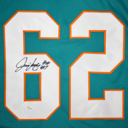Jim Langer Signed HOF 87 Inscription Miami Pro Teal Football Jersey (JSA)