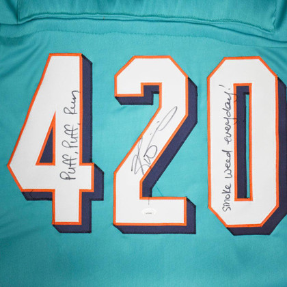 Ricky Williams Signed Puff Puff Run Smoke Weed Every Day Inscription Miami Pro Blue Football Jersey (Beckett)