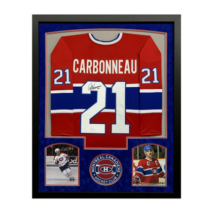 Guy Carbonneau Signed Red Custom Suede Matte Framed Hockey Jersey (JSA) Version 1