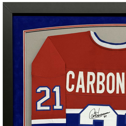 Guy Carbonneau Signed Red Custom Suede Matte Framed Hockey Jersey (JSA) Version 1