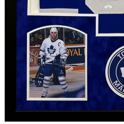 Doug Gilmour Signed Blue Custom Suede Matte Framed Hockey Jersey (JSA) Version 1
