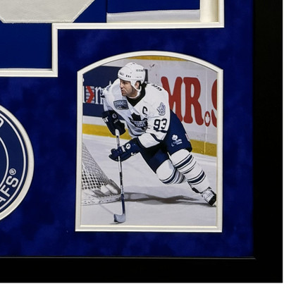 Doug Gilmour Signed Blue Custom Suede Matte Framed Hockey Jersey (JSA) Version 1