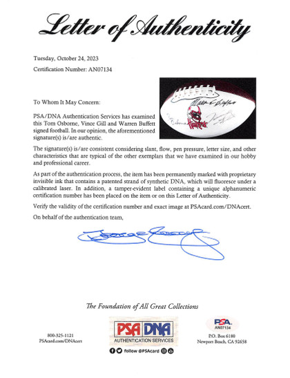 Warren Buffett, Tom Osborne & VInce Gill Signed White Panel Logo Football PSA