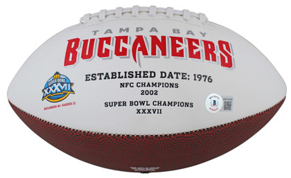 Buccaneers Mike Alstott "SB XXXVII Champs" Signed White Panel Logo Football BAS