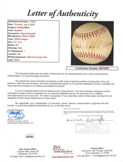 A's Connie Mack Authentic Signed Reach Official League Baseball JSA #BB70388