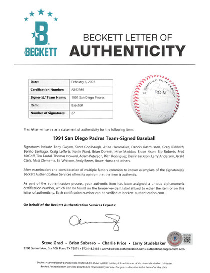 1991 Padres (27) Gwynn, McGriff, Santiago Signed Onl Baseball BAS #AB92989