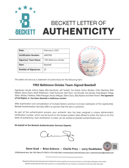 1992 Orioles (25) Oates, Tettleton, Ripken +22 Signed Oal Baseball BAS #AB92996