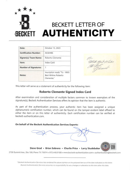 Pirates Roberto Clemente "With Best Wishes" Signed 3x5 Index Card BAS & PSA/DNA