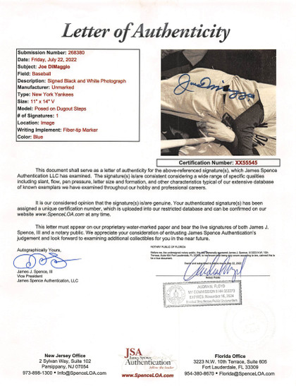 Yankees Joe DiMaggio Authentic Signed 11x14 Black & White Photo JSA #XX55545