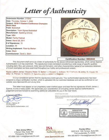 2010-11 Heat (15) James, Wade, Miller Signed Family Festival Basketball JSA
