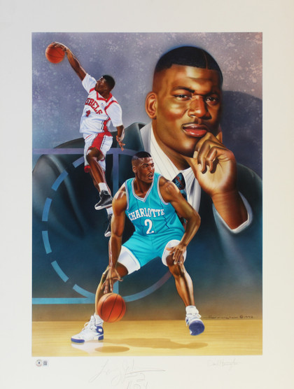 Hornets Larry Johnson "ROY" Authentic Signed 24x30 Lithograph BAS #BJ06319