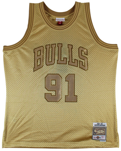 Bulls Dennis Rodman Authentic Signed Gold M&N HWC Swingman Jersey BAS Witnessed