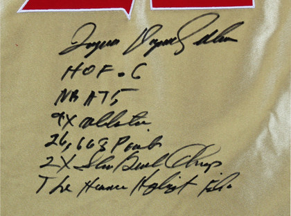 Hawks Dominique Wilkins "Stat" Signed Gold M&N 75th HWC Swingman Jersey BAS Wit