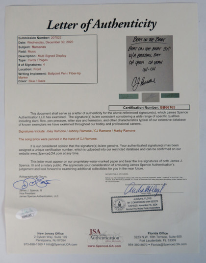 Ramones Handwritten and Signed Display