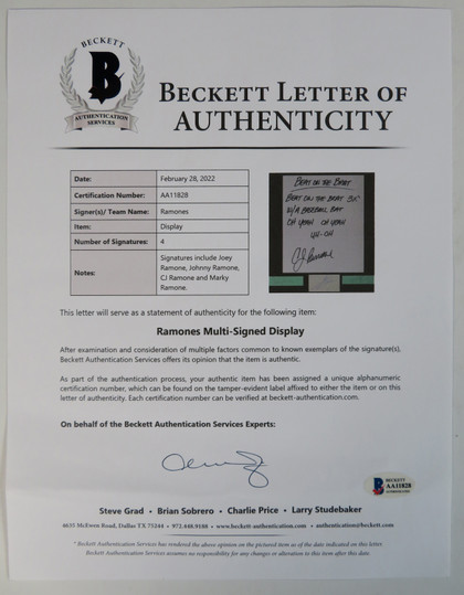 Ramones Handwritten and Signed Display