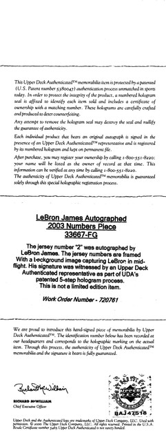 Cavaliers LeBron James Authentic Signed White Framed Jersey UDA #BAJ47518