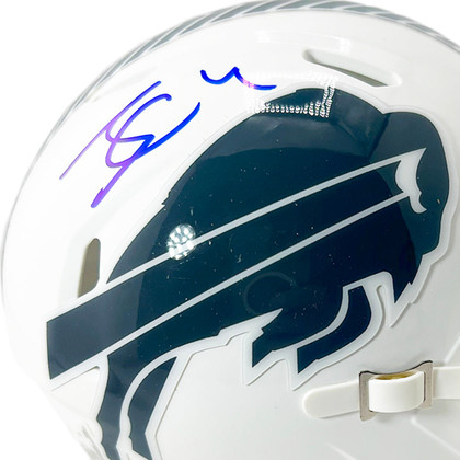 James Cook Signed Blue Ink Inscription Buffalo Bills Salute to Service 2024 Mini Football Helmet (JSA)