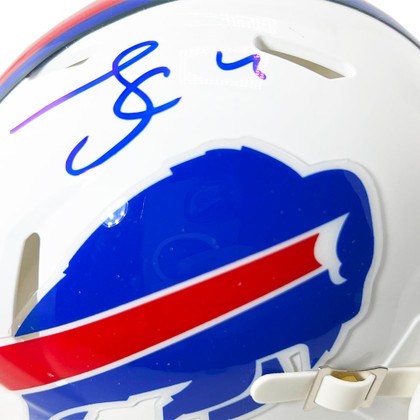 James Cook Signed Blue Ink Inscription Buffalo Bills Speed Mini Football Helmet (JSA)