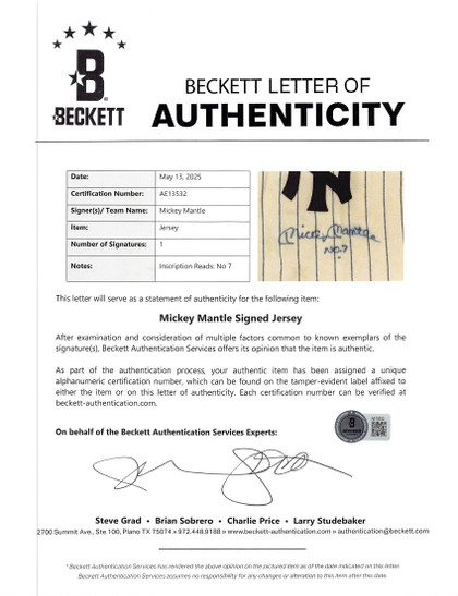 Yankees Mickey Mantle "No. 7" Authentic Signed M&N Pinstripe Jersey BAS #AE13532