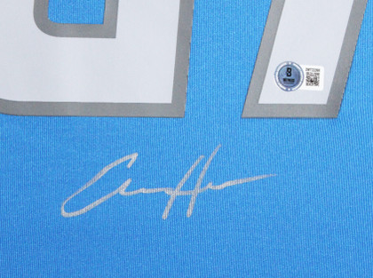 Lions Aidan Hutchinson Signed Blue Nike Game Framed Jersey w/ Silver Sig BAS Wit