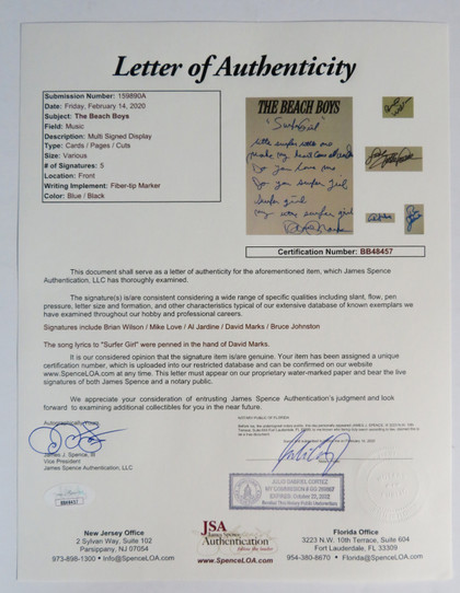 Signed Handwritten Lyrics  Beach Boys Display