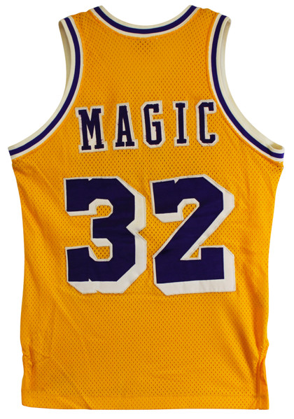Lakers Magic Johnson "HOF 02" Signed Yellow MacGregor Sand-Knit Jersey BAS Wit 5