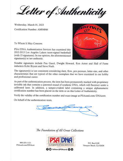 2012 Lakers (14) Bryant, Nash, Gasol +11 Signed Spalding Basketball PSA #AM04846