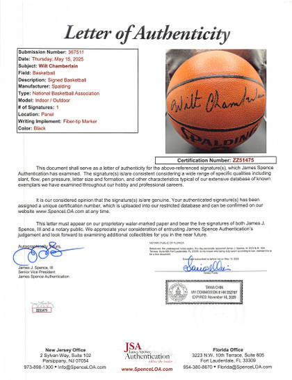 Lakers Wilt Chamberlain Authentic Signed Spalding  I/O Basketball JSA #ZZ51475