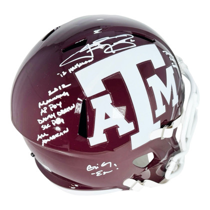 Johnny Manziel Signed Multi-Inscription Texas A&M Red Speed Full-Size Replica Football Helmet (Beckett)
