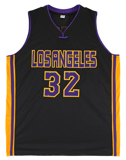 Magic Johnson Signed Black Pro Style Jersey w/ Purple Numbers BAS Witnessed 2