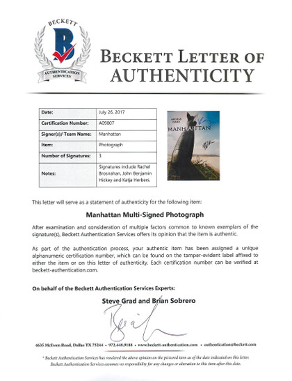 Manhattan (Rachel Brosnahan,Katja Herbers +1) Signed 11X14 Photo BAS #A09807