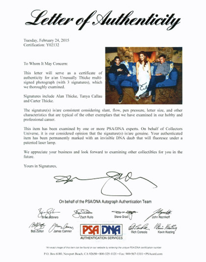 Unusually Thicke (Alan, Carter & Tanya Callau) Signed 8X10 Photo PSA/DNA #Y02132