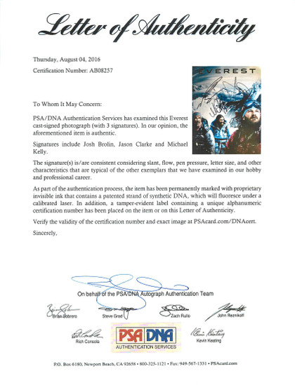 Everest (Josh Brolin, Jason Clarke Michael Kelly) Signed 11X14 Photo PSA AB08257