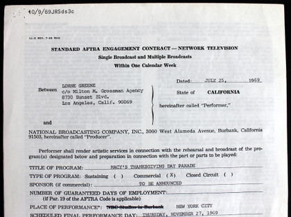 Lorne Greene Bonanza Signed Macy's Thanksgiving Day Parade Contract PSA #C68129