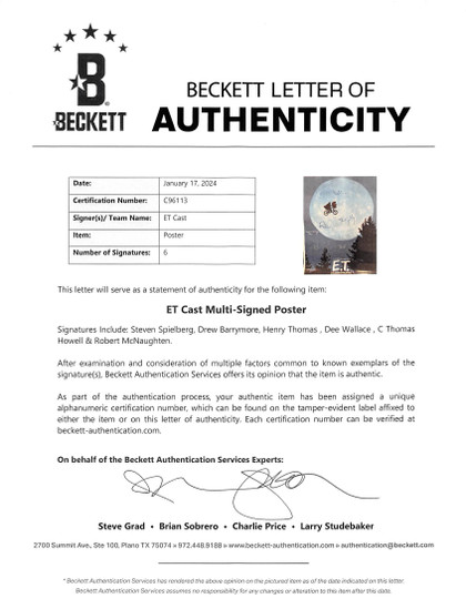 E.T. (6) Spielberg, Barrymore Signed 26.5x38.5 Linen Backed Poster BAS #C96113