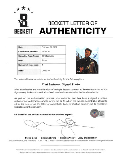 Clint Eastwood Good, the Bad & the Ugly Signed 8x10 Photo Auto 10! BAS #AC26970