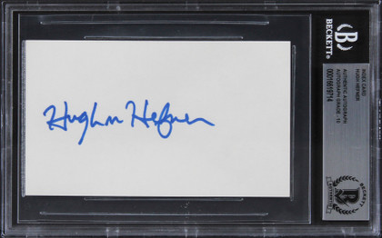 Hugh Hefner Playboy Signed 3x5 Index Card Auto Graded Gem Mint 10! BAS Slabbed